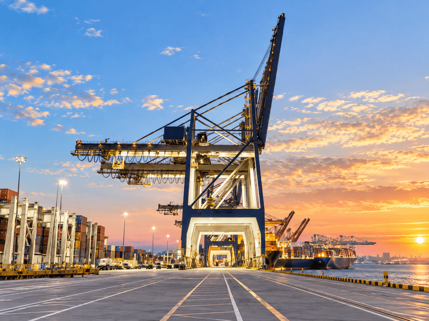 Container terminal gantry crane at a seaport at dusk