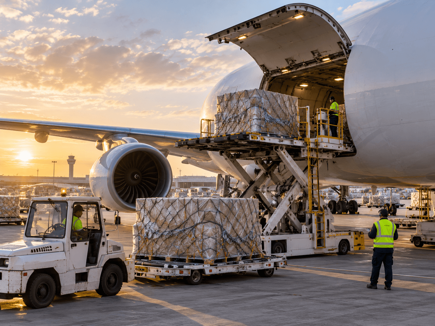 Ground crew loading unit load device cargo pallets into the nose of a freighter aircraft at sunrise