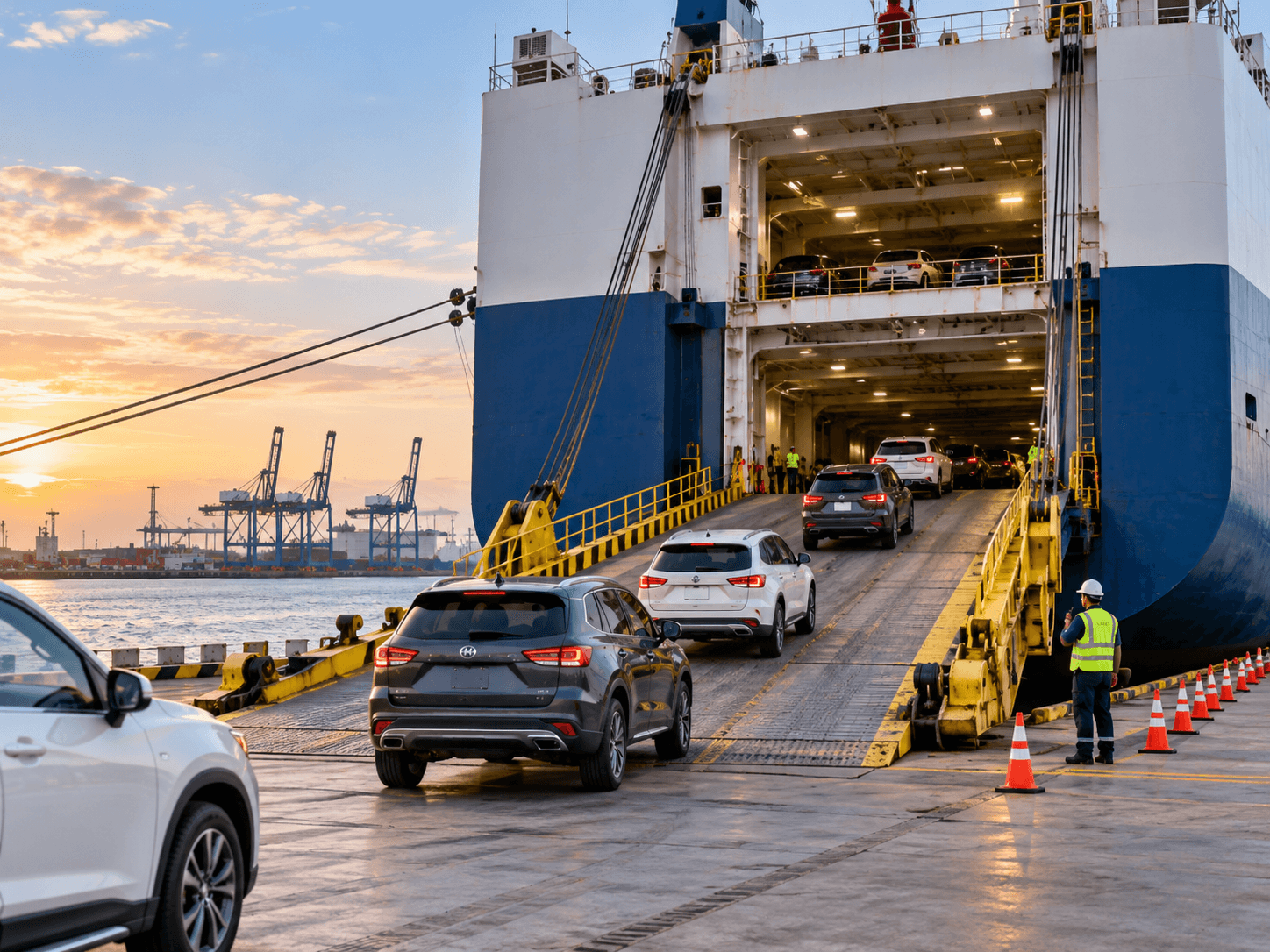 Vehicles driving off the stern ramp of a RoRo vessel onto the dock at a port